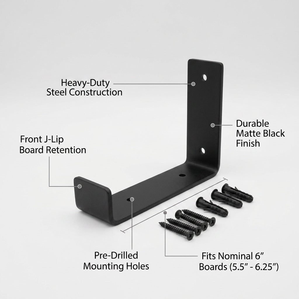 Entrepot La Grange matte black 6" J-style shelf bracket with feature callouts and mounting hardware.