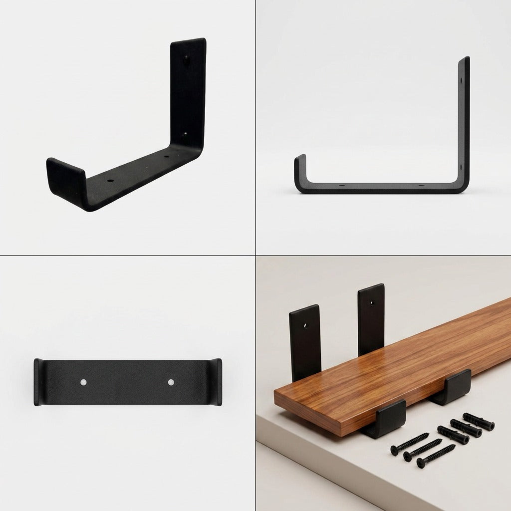 Four-angle grid of Entrepot La Grange inc 6-inch matte black steel J-style shelf brackets with hardware