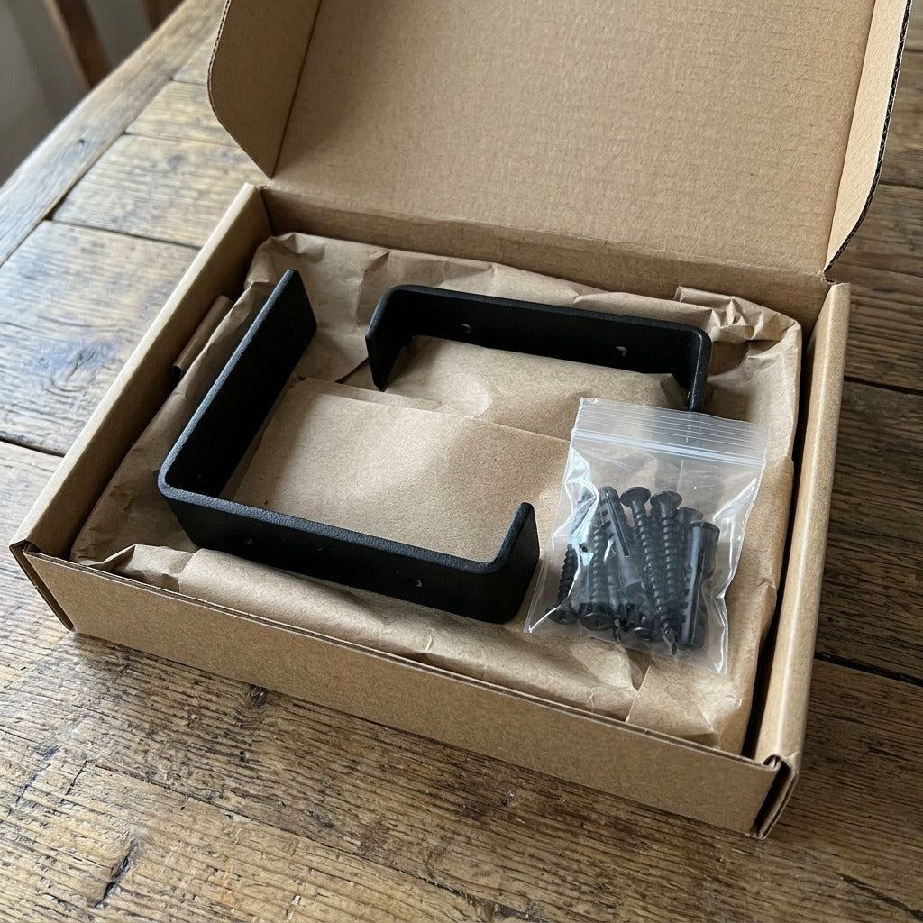 Two Entrepot La Grange inc matte black J-style shelf brackets and mounting hardware in a kraft box.