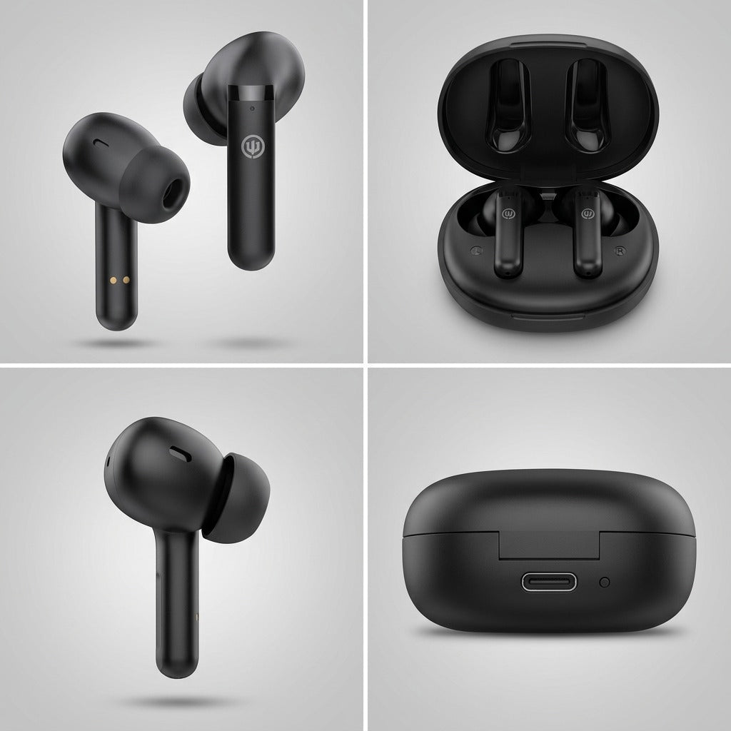 Four-panel view of black Wicked Audio Mojo 500 earbuds and charging case from multiple angles.