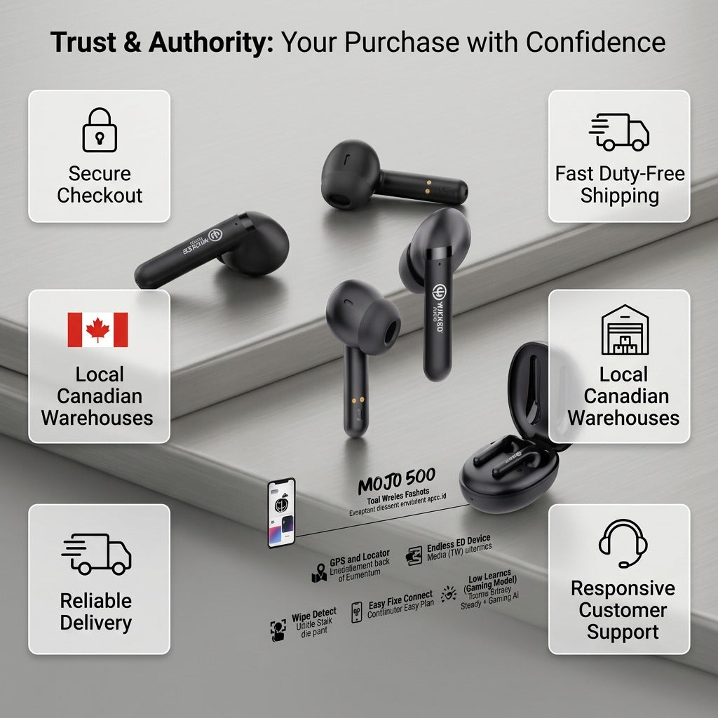 Wicked Audio Mojo 500 TWS black earbuds and charging case with ecommerce trust benefit badges.