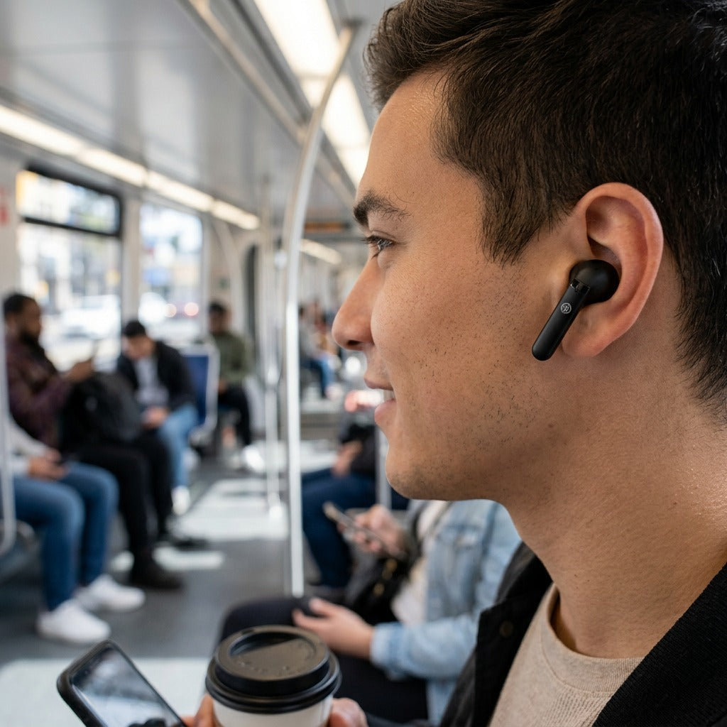 Person wearing a black Wicked Audio Mojo 500 wireless earbud while commuting on a train.