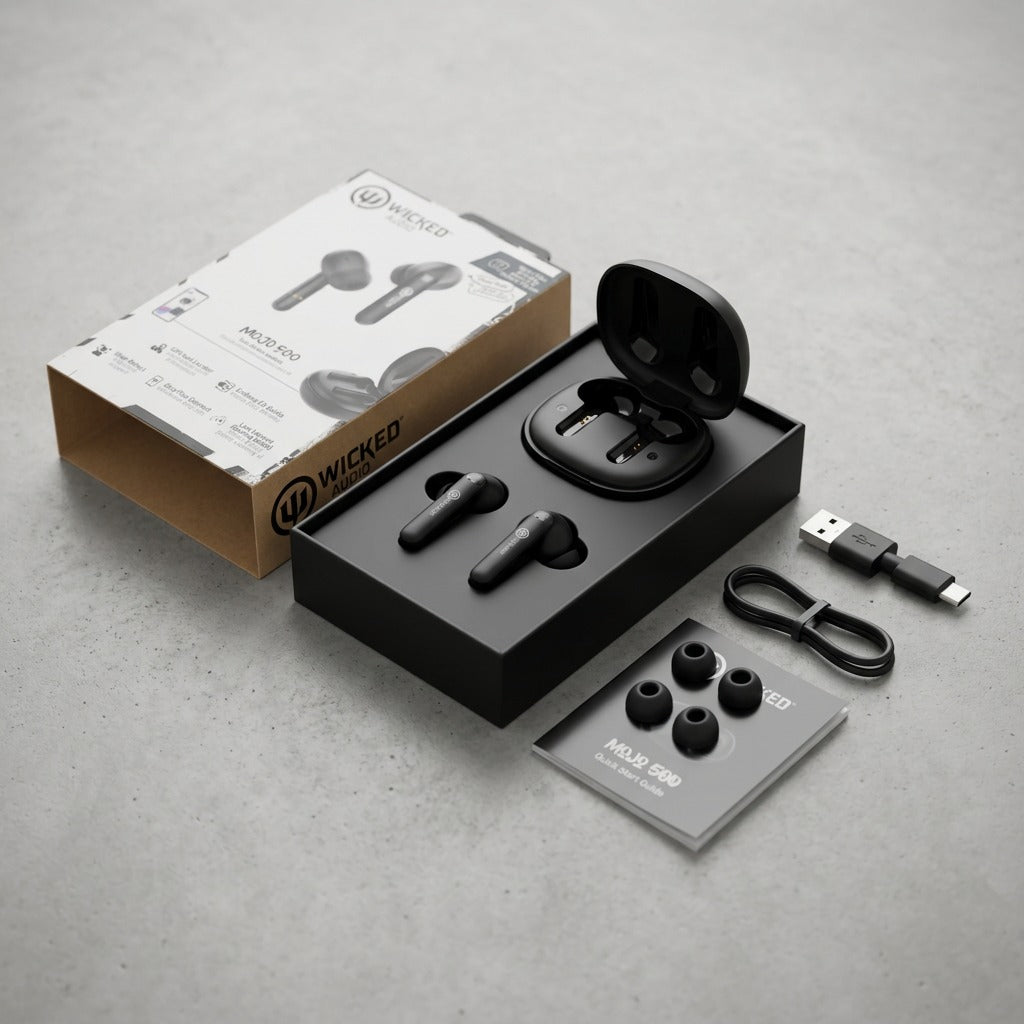 Wicked Audio Mojo 500 earbuds unboxed with charging case, ear tips, cable, and packaging.