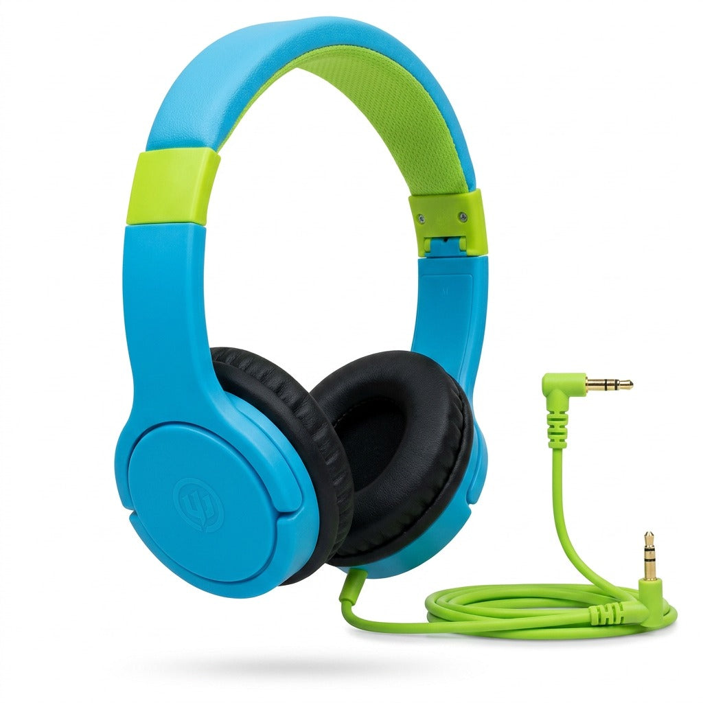 Wicked Audio Rad Rascal wired kids headphones in sky blue and slime green with 3.5mm audio cable.