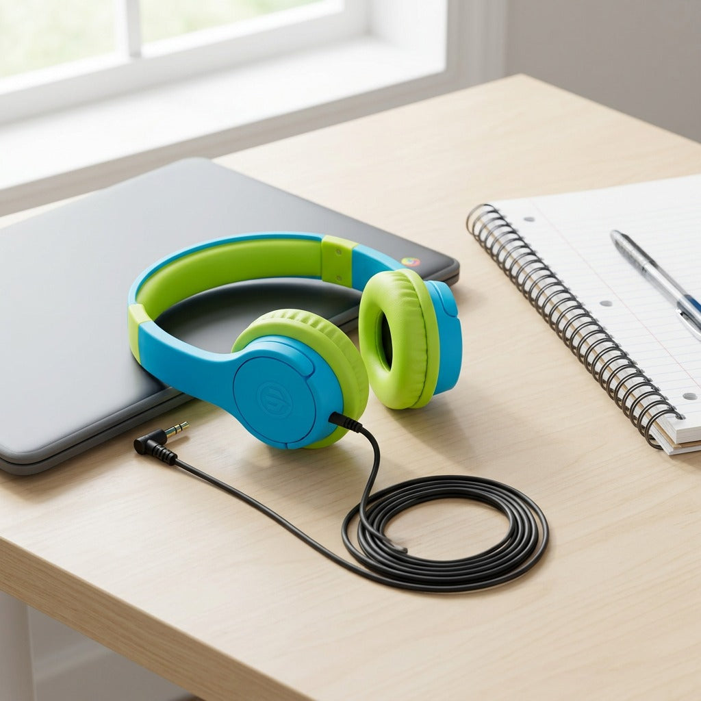 Blue and green Wicked Audio Rad Rascal kids headphones on a desk next to a laptop and notebook.