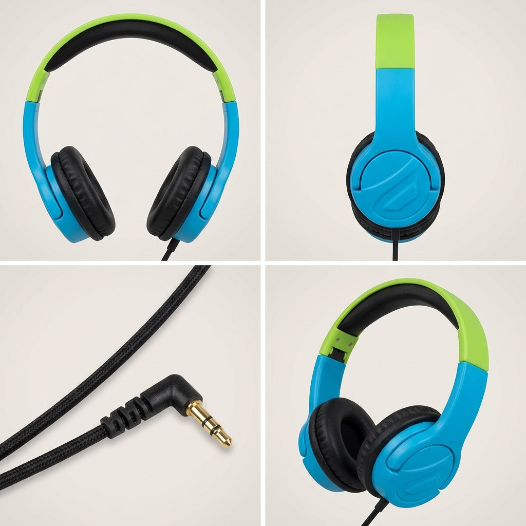 Multi-angle views of Wicked Audio Rad Rascal kids wired headphones in sky blue and slime green.