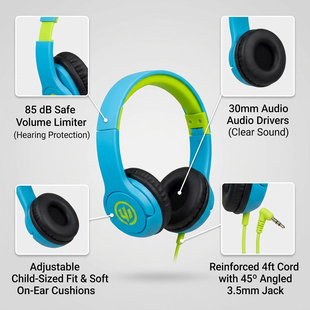 Wicked Audio Rad Rascal kids headphones diagram highlighting safe volume limit, drivers, and fit.
