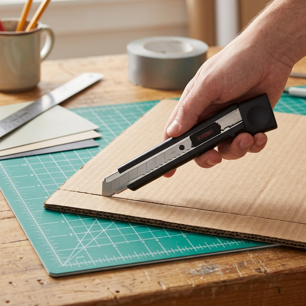 Person using an X-ACTO Heavy-Duty Snap-Off Utility Knife to cut cardboard on a green cutting mat.