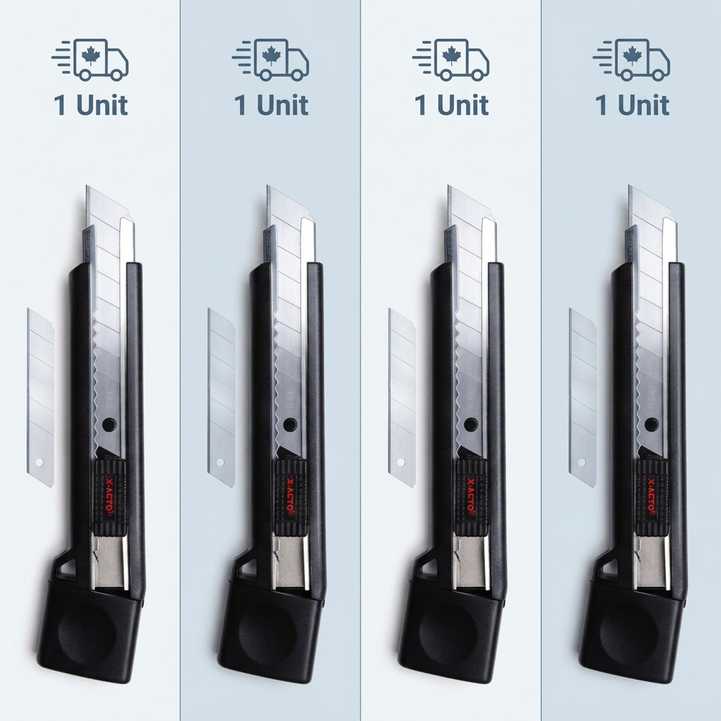 Four X-ACTO X3243 heavy-duty utility knives with snap-off blades shown in a vertical comparison grid.
