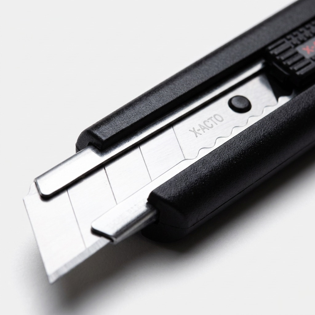 Macro detail of X-ACTO X3243 heavy-duty snap-off blade with scored break lines and slide-lock.