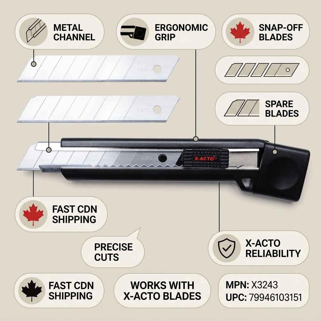 X-ACTO X3243 heavy-duty snap-off knife infographic with metal channel and fast Canadian shipping.