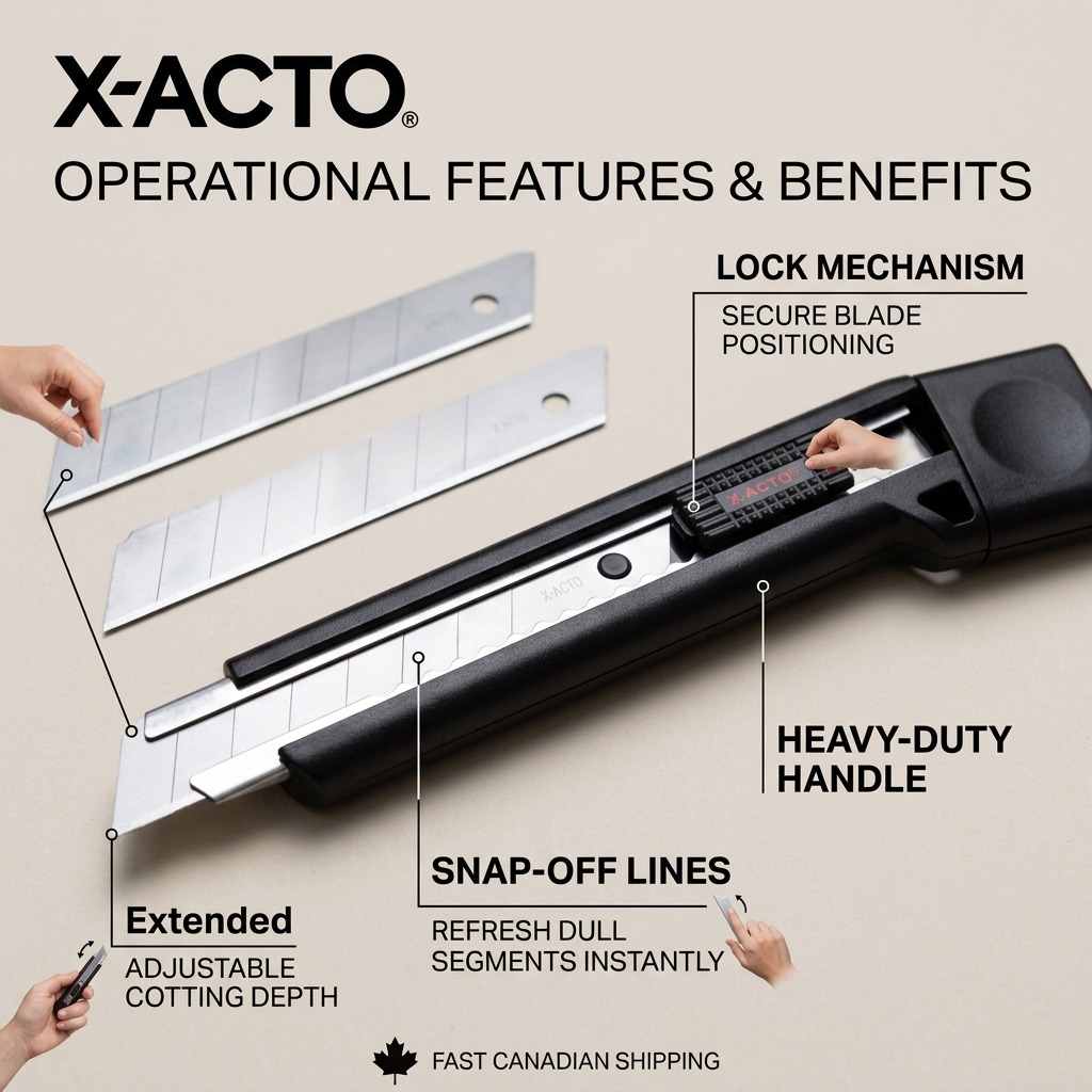 X-ACTO Snap-Off Utility Knife feature diagram showing lock mechanism and snap-off blade lines.