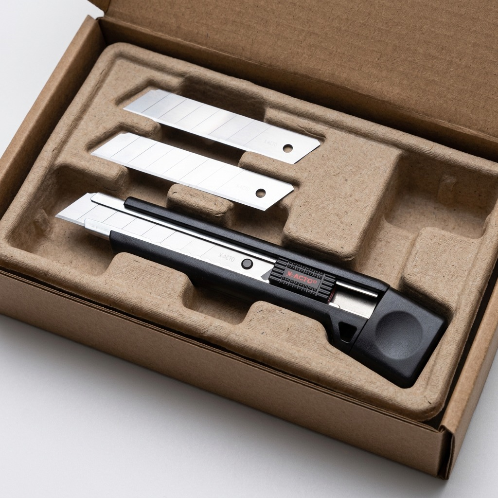 X-ACTO X3243 heavy-duty utility knife and two snap-off blades secured in a protective cardboard box.