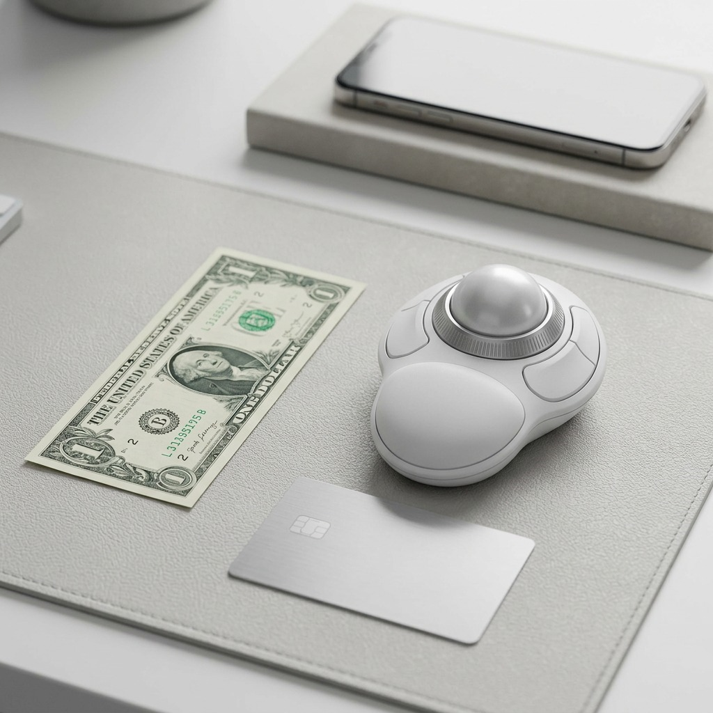 Scale reference: Kensington Orbit Wireless Trackball in white next to a US dollar bill and card.