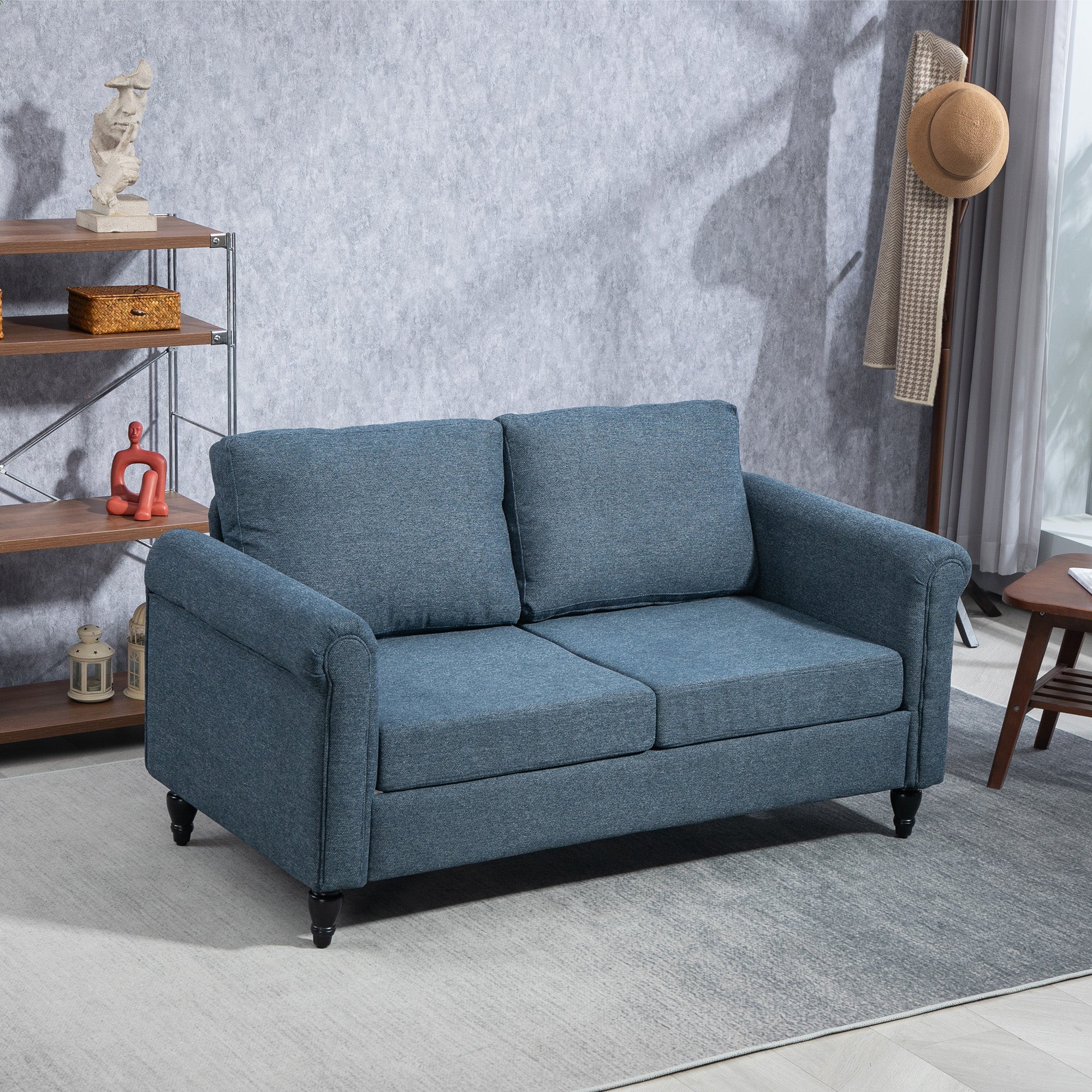 HOMCOM Vintage Loveseat, Upholstered Love Seat Furniture, Fabric 2 Seater Sofa with Rolled Arms, Rubber Wood Legs, Dark Blue 