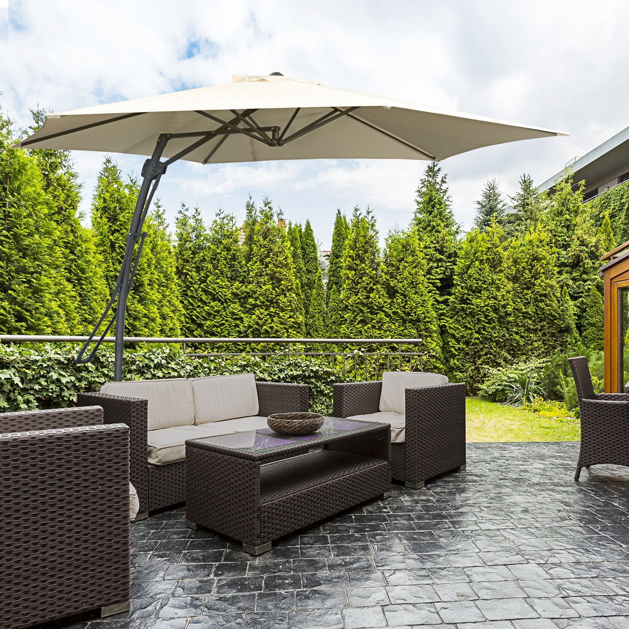 Outsunny 10ft Cantilever Patio Umbrella Offset Parasol with Crank Handle, Cross Base for Garden, Deck, Cream White 