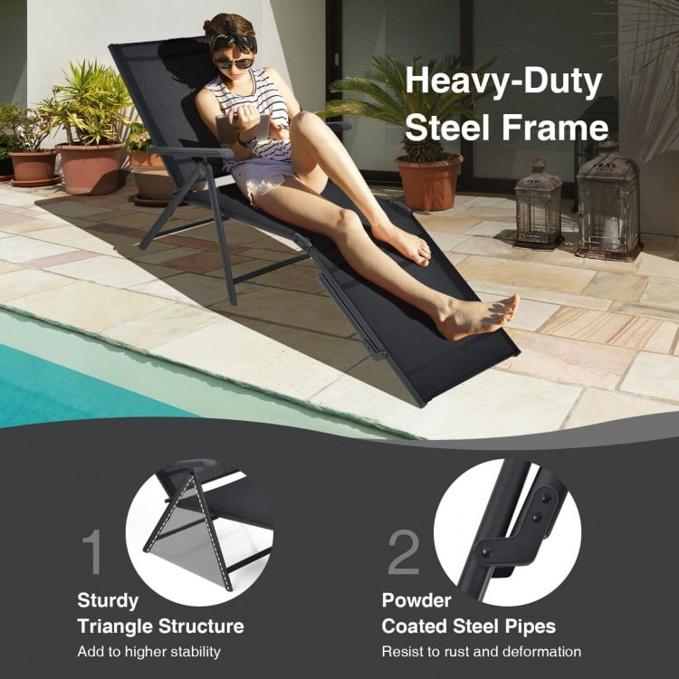 2 Pieces Foldable Chaise Lounge Chair with 2-Position Footrest-Gray
