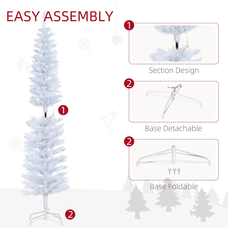 HOMCOM 6ft Prelit Pencil Artificial Christmas Tree – 395 Realistic Branches, 100 LED Lights, Foldable Metal Base, White 