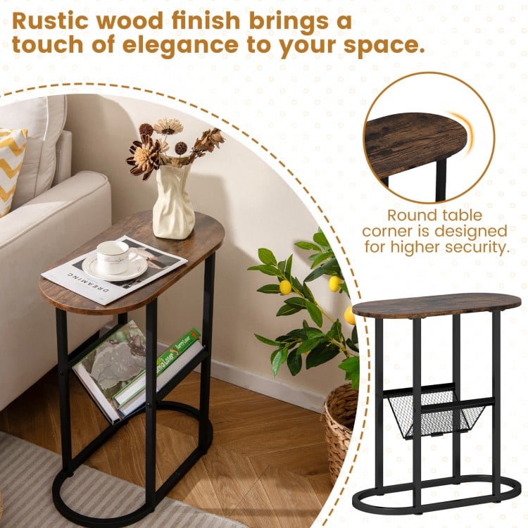 2-Tier Oval Narrow Bedside End Table-Rustic Brown