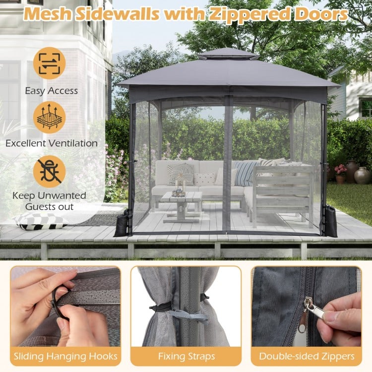 10 X 10 FT Heavy-Duty Patio Gazebo with Netting Walls and 4 Sandbags-Gray