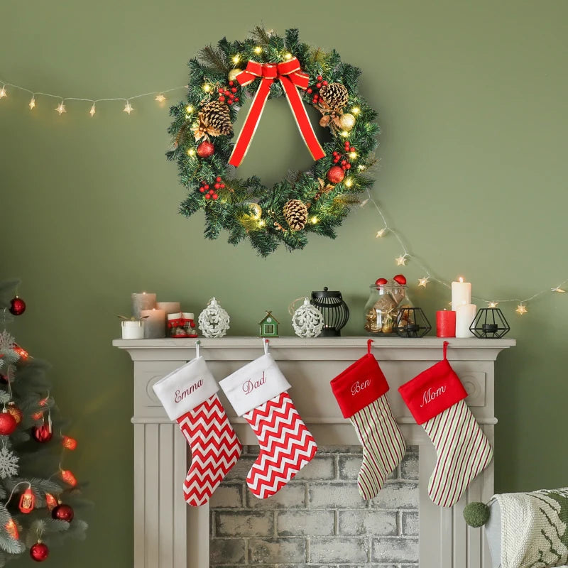 HOMCOM 24" Pre-Lit Artificial Christmas Wreath – Green Spruce with Cones, Red Berries & 20 LED Lights, Battery Operated 