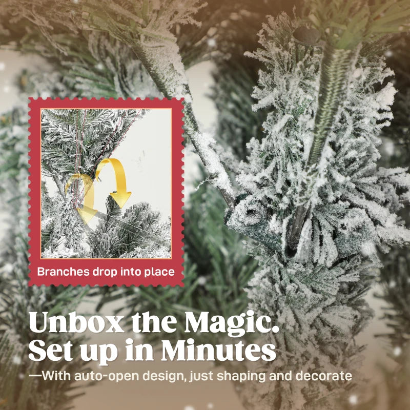 HOMCOM 7FT Artificial Flocked Christmas Tree, Full Snow-Covered Pine Xmas Tree with Realistic Tips, Hinged Branches, and Metal Stand 