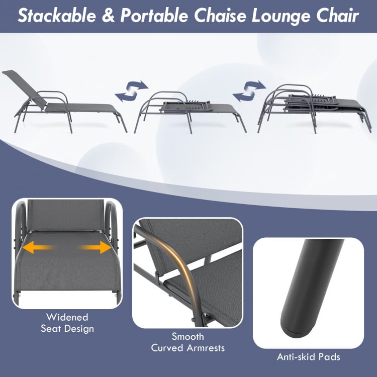 2 Pieces Outdoor Patio Lounge Chair Chaise Fabric with Adjustable Reclining Armrest-Dark Gray