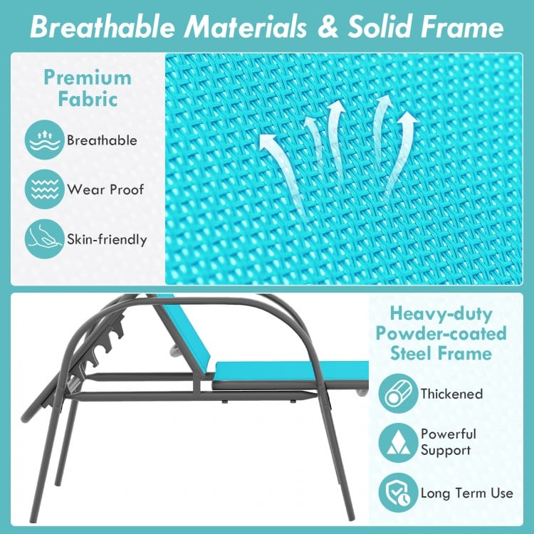 2 Pieces Outdoor Patio Lounge Chair Chaise Fabric with Adjustable Reclining Armrest-Turquoise