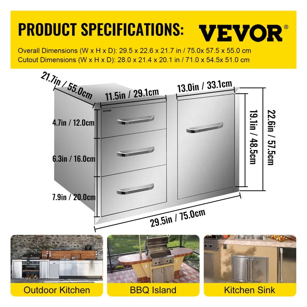 VEVOR Outdoor Kitchen Door Drawer Combo 29.5\" W x 22.6\" H x 21.7\'\'D, Access Door/Triple Drawers with Propane Drawer and Adjustable Garbage Ring, Perfect for BBQ Island Patio Grill Station