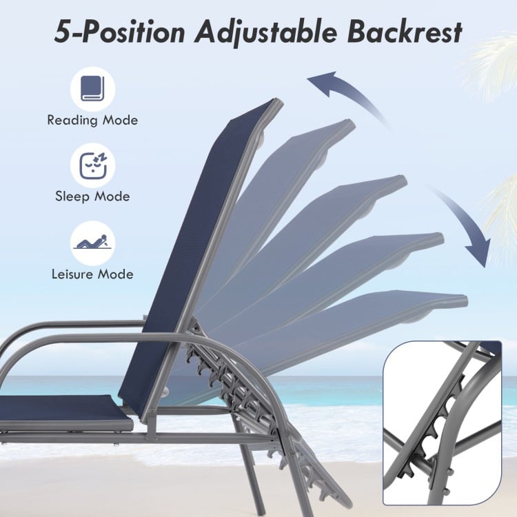 2 Pcs Outdoor Patio Lounge Chair Chaise Fabric with Adjustable Reclining Armrest-Navy