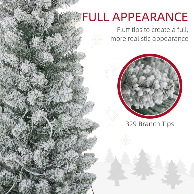 HOMCOM 5FT Prelit Pencil Christmas Tree with Warm White LED Lights, Slim Artificial Snow Flocked Xmas Tree with Metal Base 