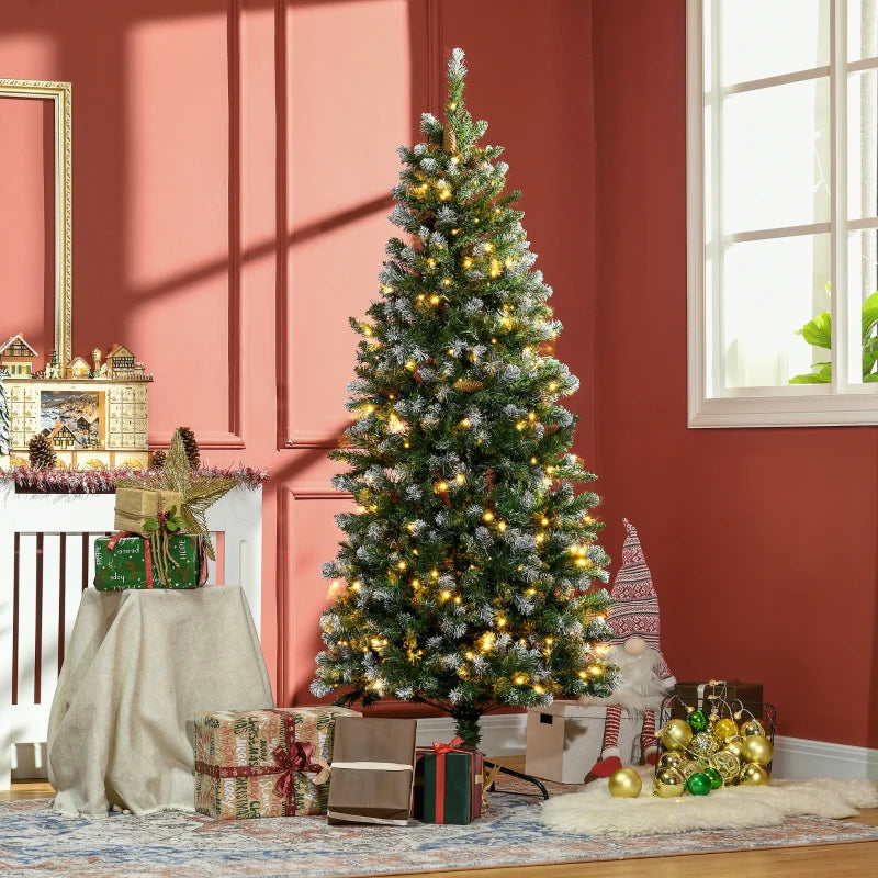 HOMCOM 7.5ft Decorated Skinny Pre-Lit Artificial Christmas Tree – Snow-Dipped Branches with Pinecones, Auto Open Design 