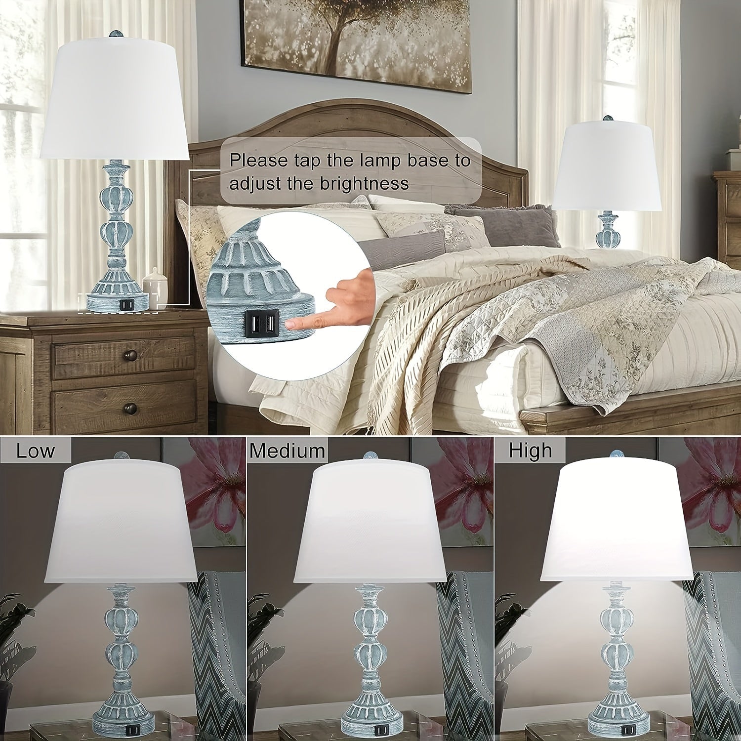 Coastal Farmhouse Table Lamp Set – 3-Way Dimmable Touch Control with Dual USB Ports, Blue Washed White Finish – Perfect for Nightstands or Living Rooms (Set of 2) 