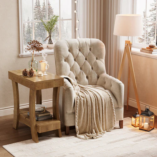 End Table 2-Tier Narrow Rectangular Side Table with Storage Shelf for Small Spaces and Heavy Duty Design Rustic Natural Finish