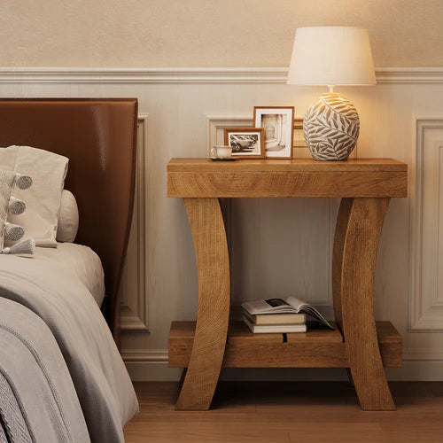 End Table 2-Tier Narrow Rectangular Side Table with Storage Shelf for Small Spaces and Heavy Duty Design Rustic Natural Finish
