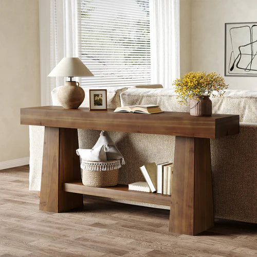 63" Solid Wood Console Table, 2-Tier Farmhouse Entryway Sofa Table with Storage Shelf Rustic Brown