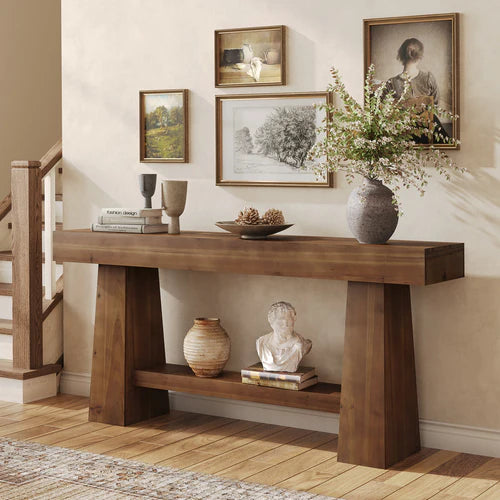 63" Solid Wood Console Table, 2-Tier Farmhouse Entryway Sofa Table with Storage Shelf Rustic Brown