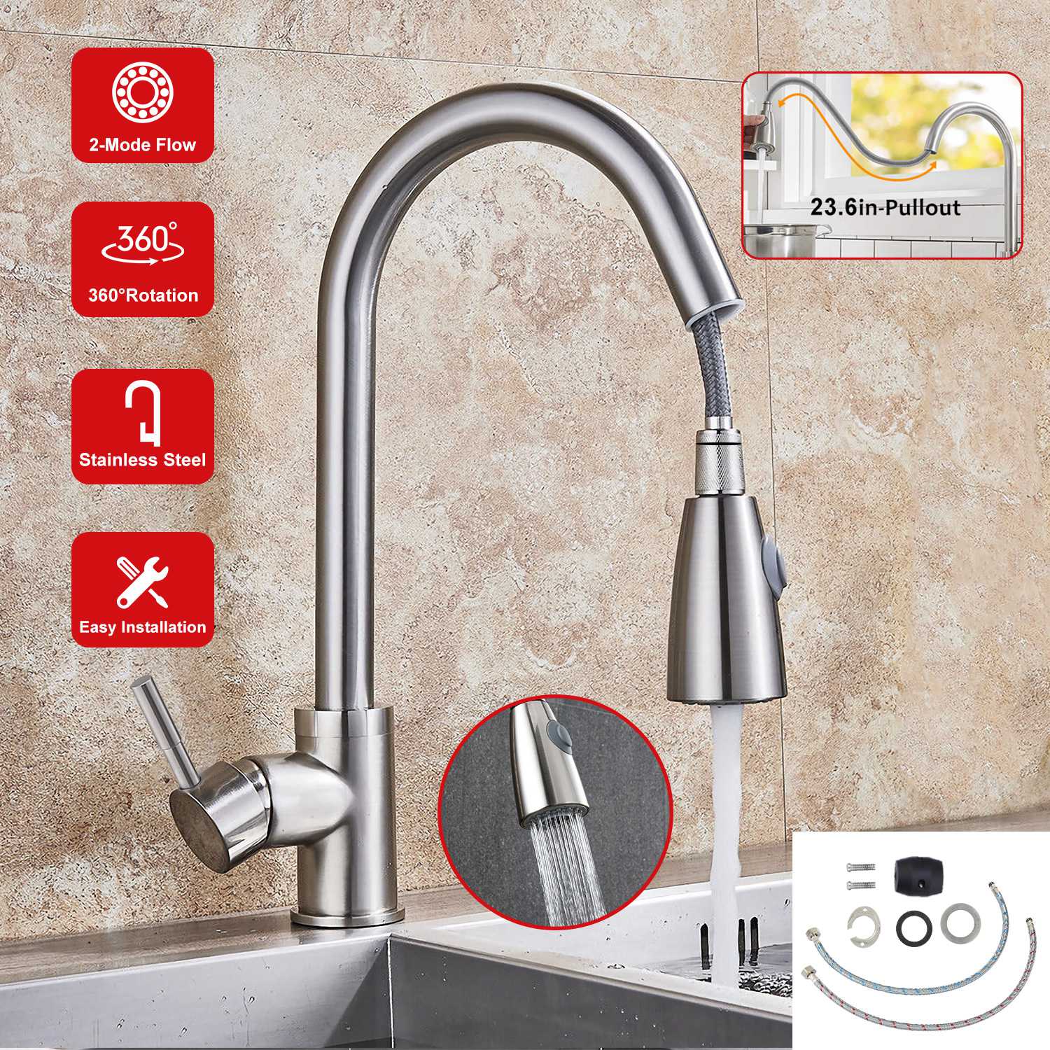 Kitchen Faucets Single Handle Kitchen Sink Faucet Brushed Nickel Stainless Steel Pulldown Head Faucet w/Flexible Pullout Sprayer