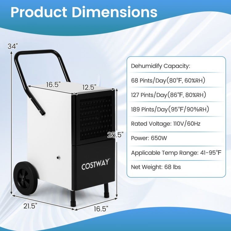189 Pints Commercial Dehumidifier with Built-in Water Pump