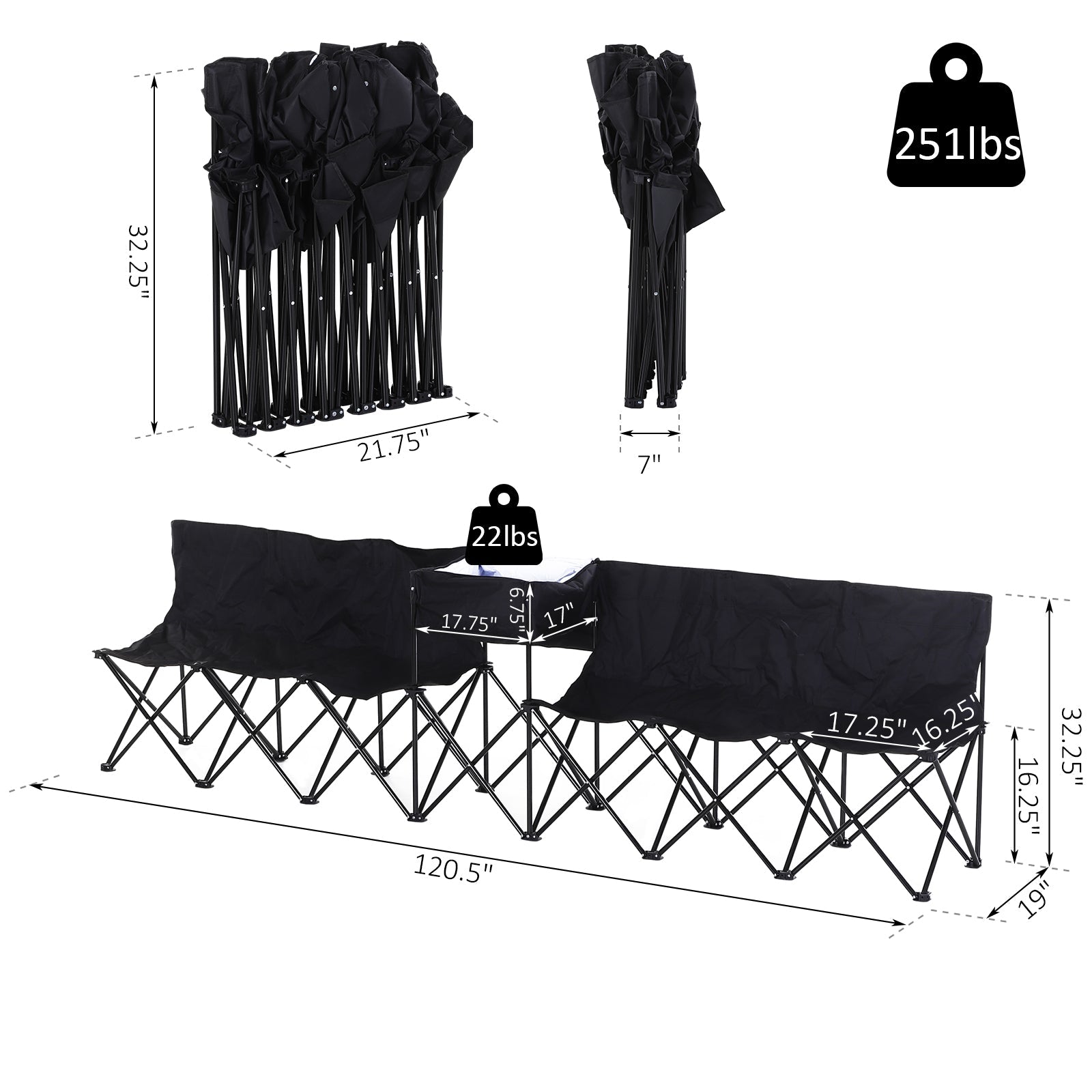 Outsunny 6 Seat Sport Bench Camp Seat Crowd Folding Portable Cooler Bag w/ Carrying Case Black 