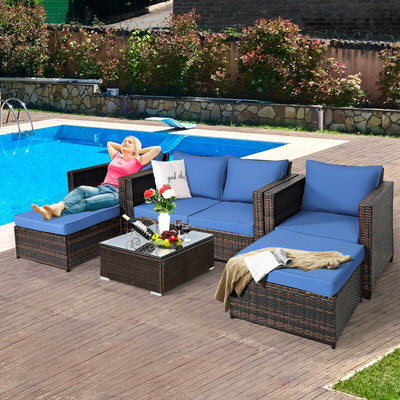 5 Pieces Patio Cushioned Rattan Furniture Set-NavyÂ 