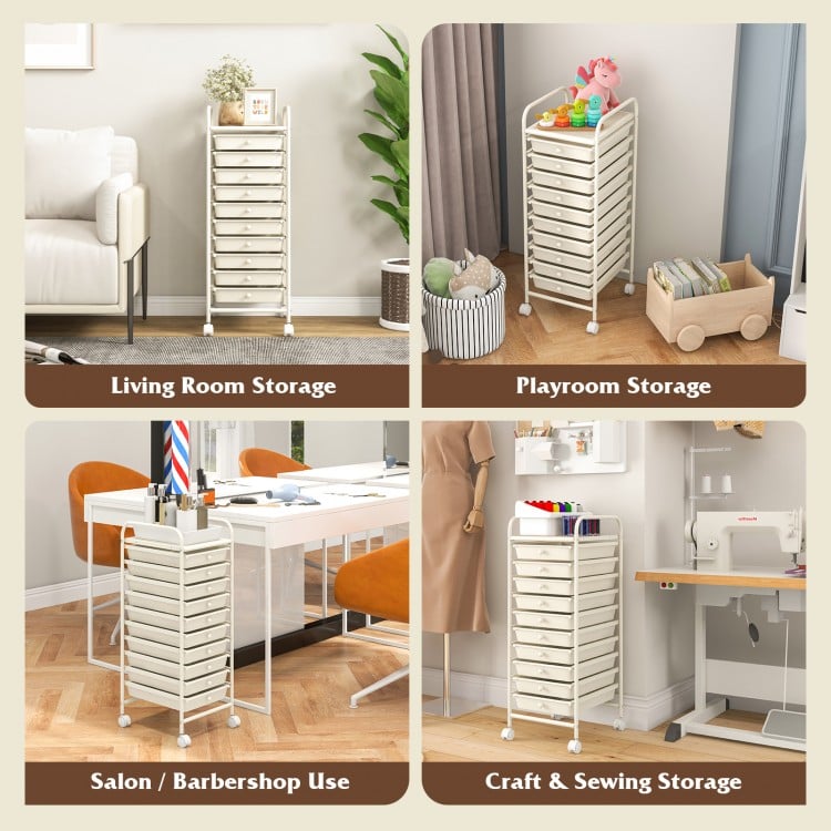 10 Drawer Rolling Storage Cart Organizer with 4 Universal Casters-White