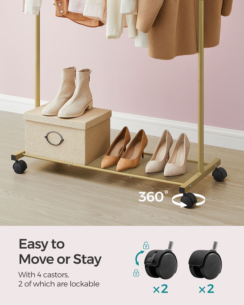 SONGMICS Clothes Rack with Wheels and Dense Mesh Storage Shelf 