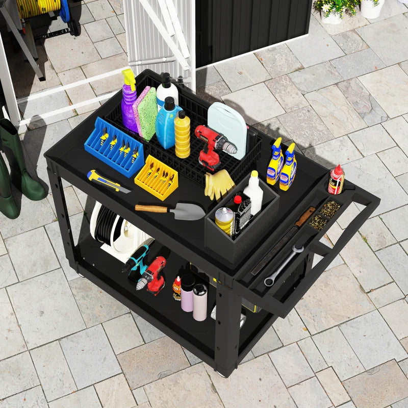 2-Tier Rolling Tool Cart with Wheels, 500 LBS Capacity Plastic Utility Cart with Handle for Garage, Warehouse, Black