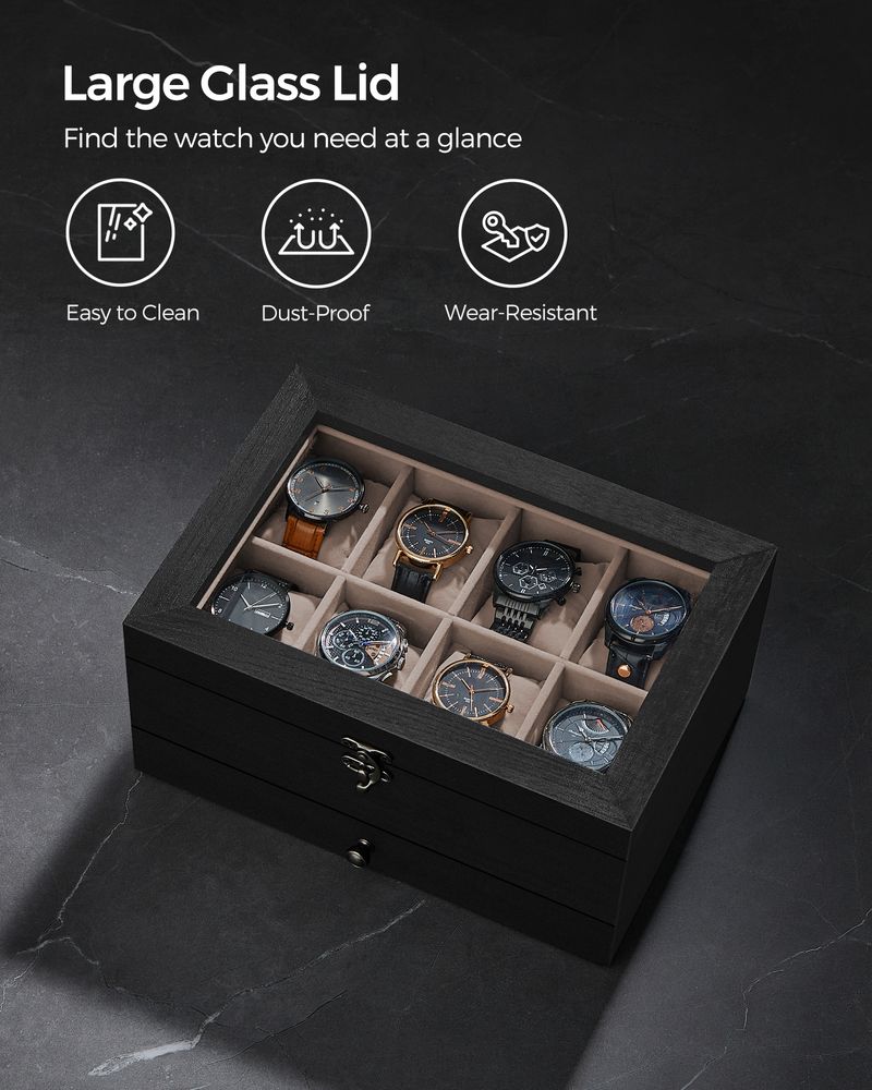 SONGMICS 8 & 12-Slot Watch Box with Large Glass Lid 