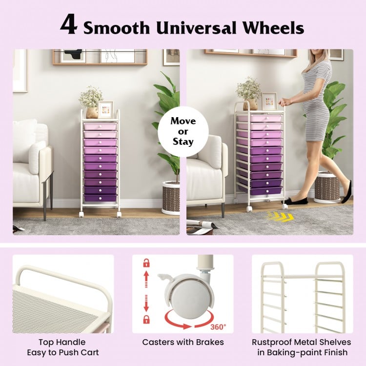 10 Drawer Rolling Storage Cart Organizer with 4 Universal Casters-Purple