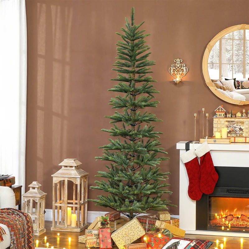 HOMCOM 7ft Artificial Fir Pencil Christmas Tree – Hinged Xmas Tree with 646 Branch Tips & Metal Stand, Easy Assembly, Green 