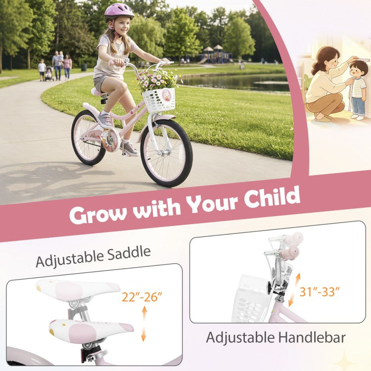 18-Inch Adjustable Kids Bike with Training Wheels, Front Basket & Dual Brakes – Purple