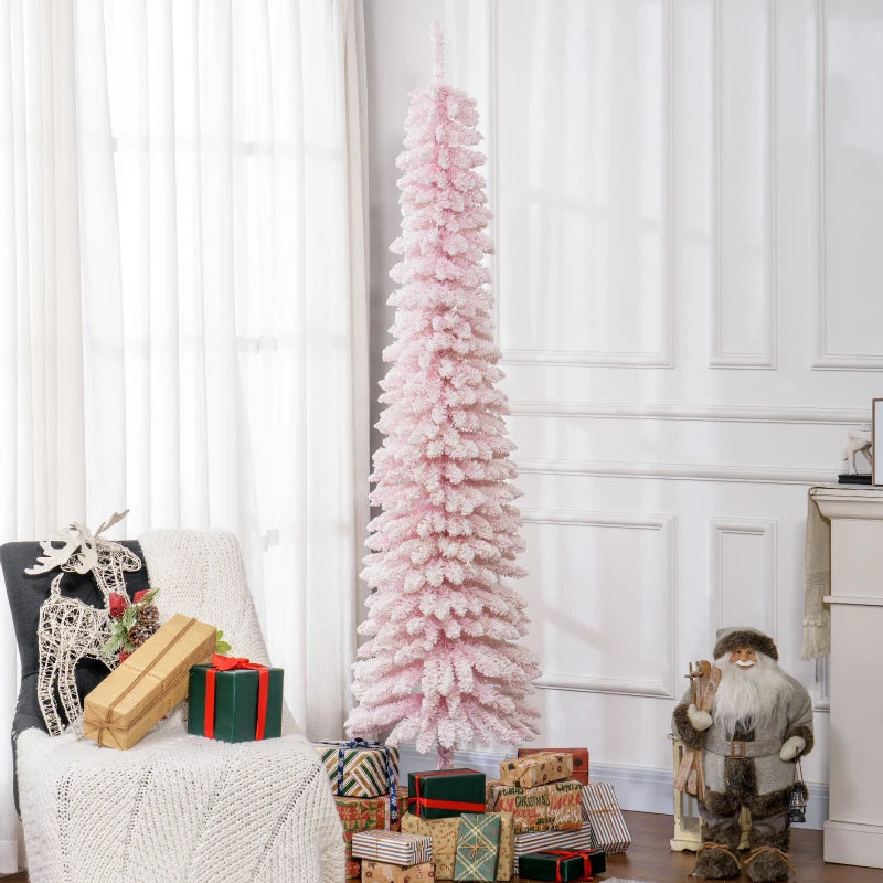 HOMCOM 7ft Snow-Flocked Artificial Christmas Tree – Slim Pencil Design, 490 Realistic Branches, Metal Base, Green 