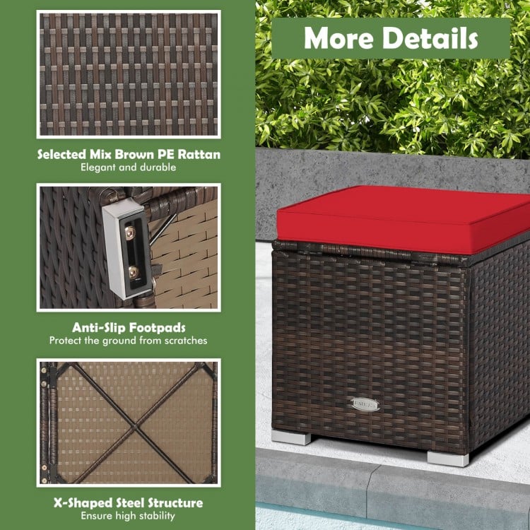 2 Pieces Patio Ottoman with Removable Cushions-Red